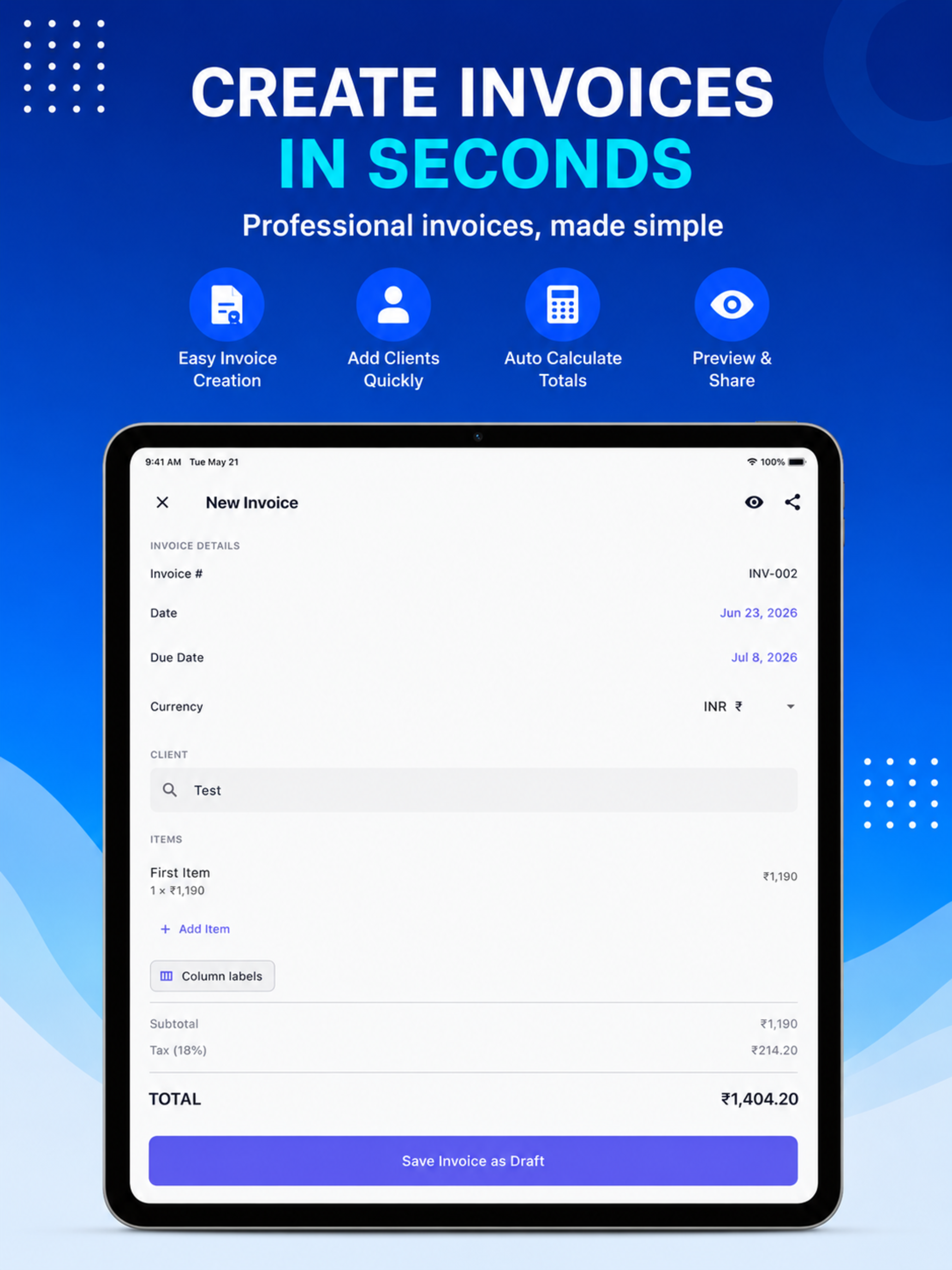 Create invoices in seconds on iPad